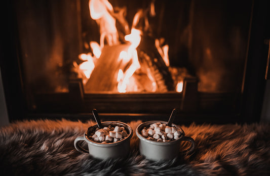 Fireplace with hot cocoa and marshmallows
